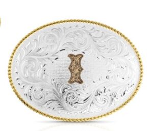 Initial I Silver Engraved Gold Trim Western Belt Buckle 1255I