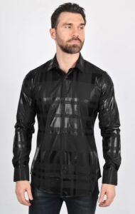 PLATINI MENS LS MODERN FIT FOILED SHIRT BLACK FPL10252