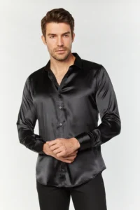 PLATINI MENS SATIN DRESS SHIRT BLACK SJL7662 - Image 3