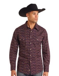 ROCK AND ROLL LONGHORN PRINTED LS SNAP NAVY  BMN2S05458