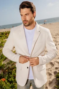 PLATINI Men's Double Button Off White Faux-Suede Blazer BLZ9590