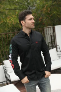 PLATINI Men’s Single Pocket Logo Modern Fit Stretch Mexico Dress Shirt Black CTL9264 - Image 2