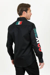PLATINI Men’s Single Pocket Logo Modern Fit Stretch Mexico Dress Shirt Black CTL9264 - Image 6