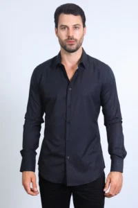 PLATINI Mens Modern Fit Stretch Foil Fashion Black Shirt FPL10475
