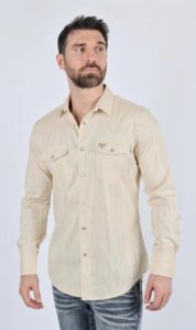 PLATINI MENS LUREX MODERN FIT LS SHIRT BEIGE WSL9753