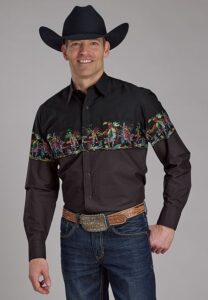 ROPER MENS LS SCRIBBLE BULLRIDERS BORDER SHIRT BLK 107