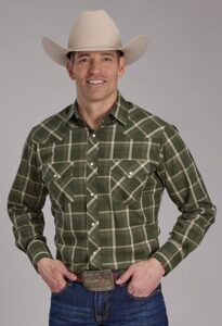 ROPER MENS LS SNAP WOVEN PLAID SHIRT OLIVE/CREAM 1069