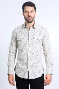 PLATINI Mens Western Modern Fit Cotton/Spandex Long Sleeve Lt. Grey Shirt with Snaps WPL10485 - Image 2