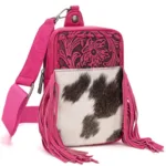 TRINITY RANCH COWHIDE TOOLED FRINGE SLING BAG TR179186HPK