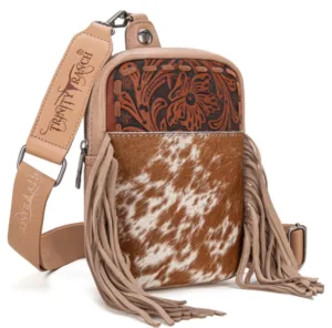 TRINITY RANCH COWHIDE TOOLED FRINGE SLING BAG TR179186TN