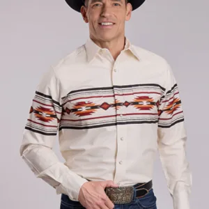 ROPER MEN L/S WHITE SNAP AZTEC BORDER PRINT 0214WH