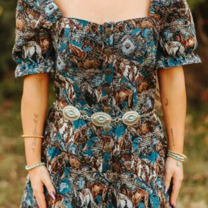 BLUE HORSE JACQUARD PUFF SLEEVES ROMPER